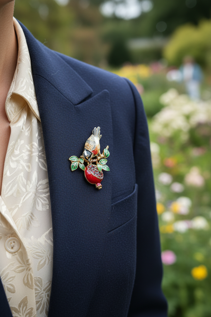 Bird and pomegranate brooch worn on outfit
