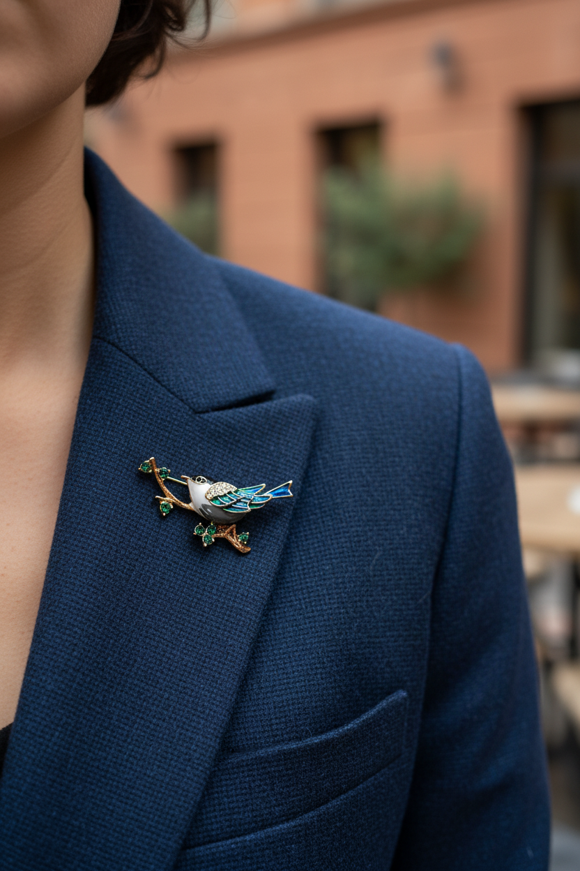 Blue bird brooch worn on outfit