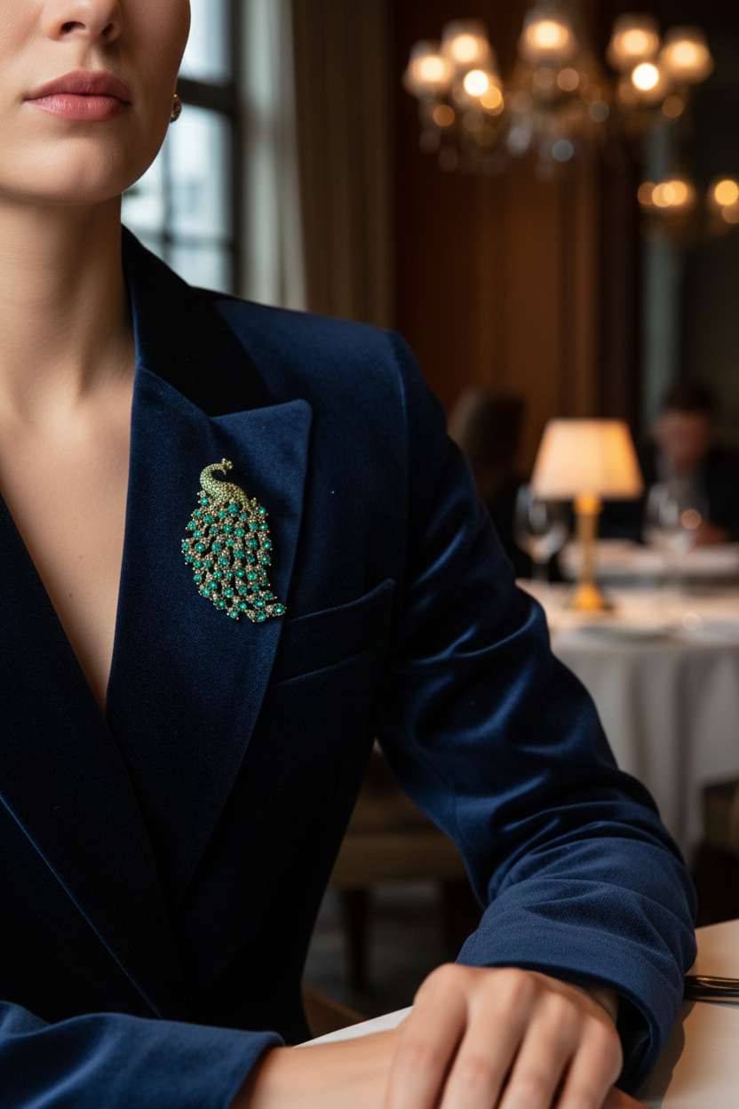Peacock brooch worn on outfit