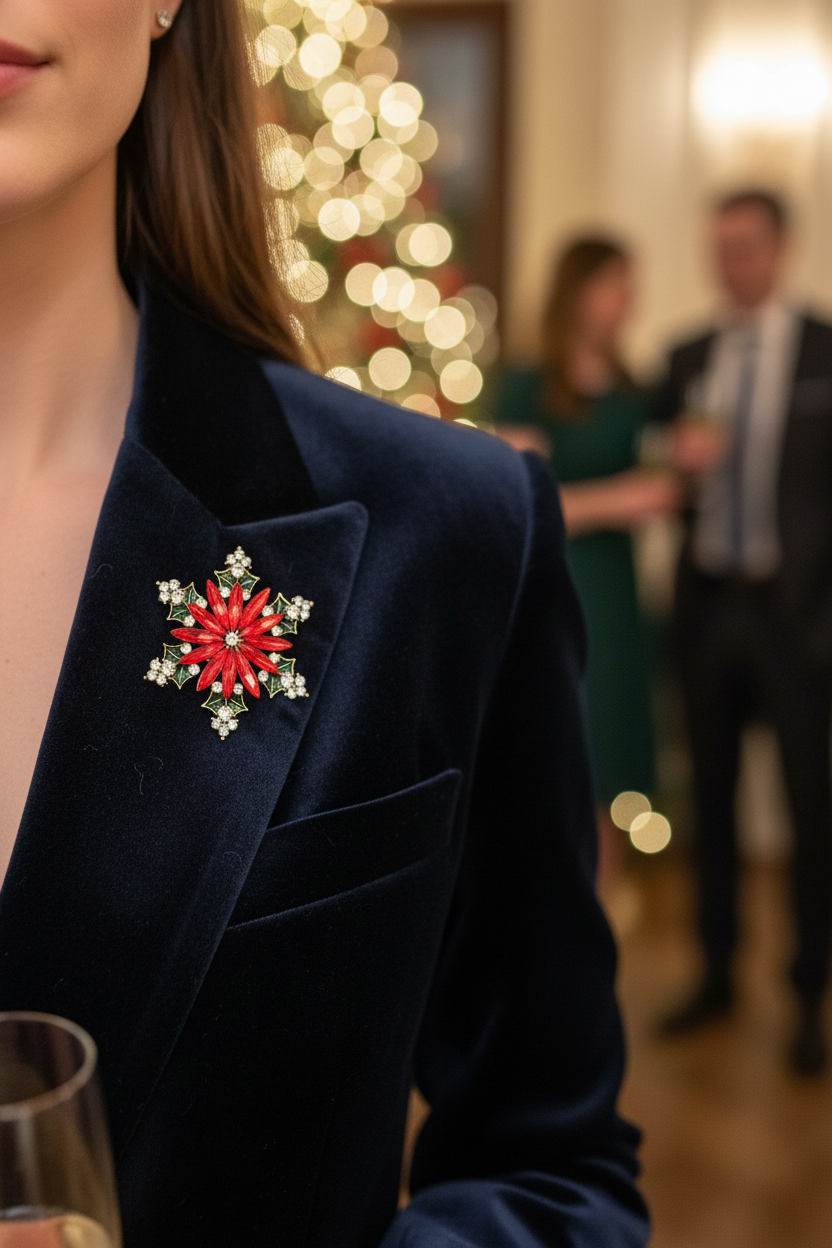 Poinsettia brooch worn on outfit